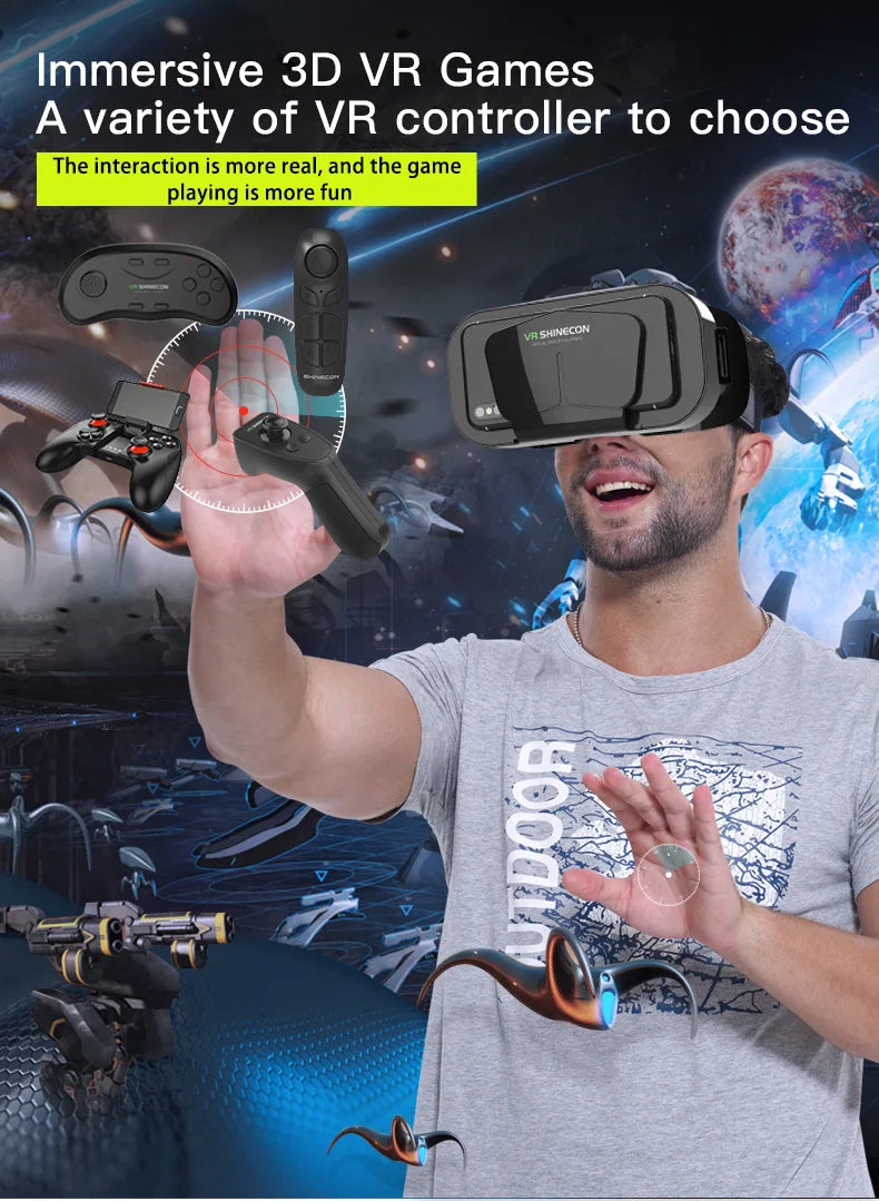 Shinecon VR Glasses 3D Headset with Controller Virtual Reality Goggle Lenses for Smartphone Cell Phone