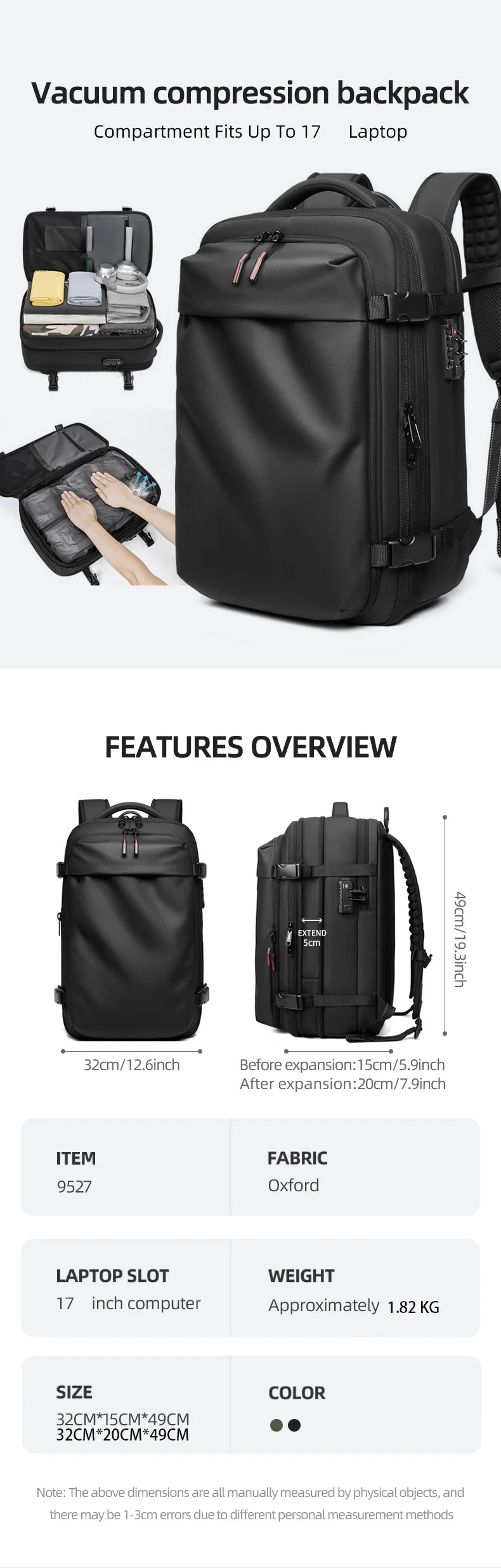 Men Travel Backpack vacuum compression Laptop Backpack 17 inch Extended Large Capacity school Backpack Hiking Business backpack