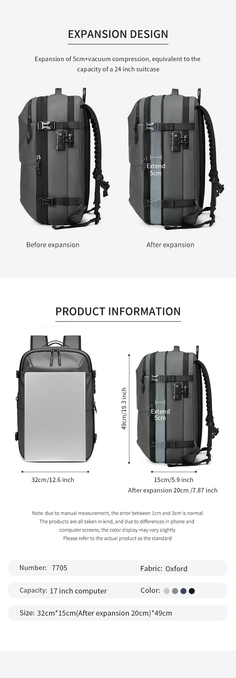 Men Travel Backpack vacuum compression 17 inch Laptop Backpack Business Large Capacity school Backpack Expanded Hiking backpack