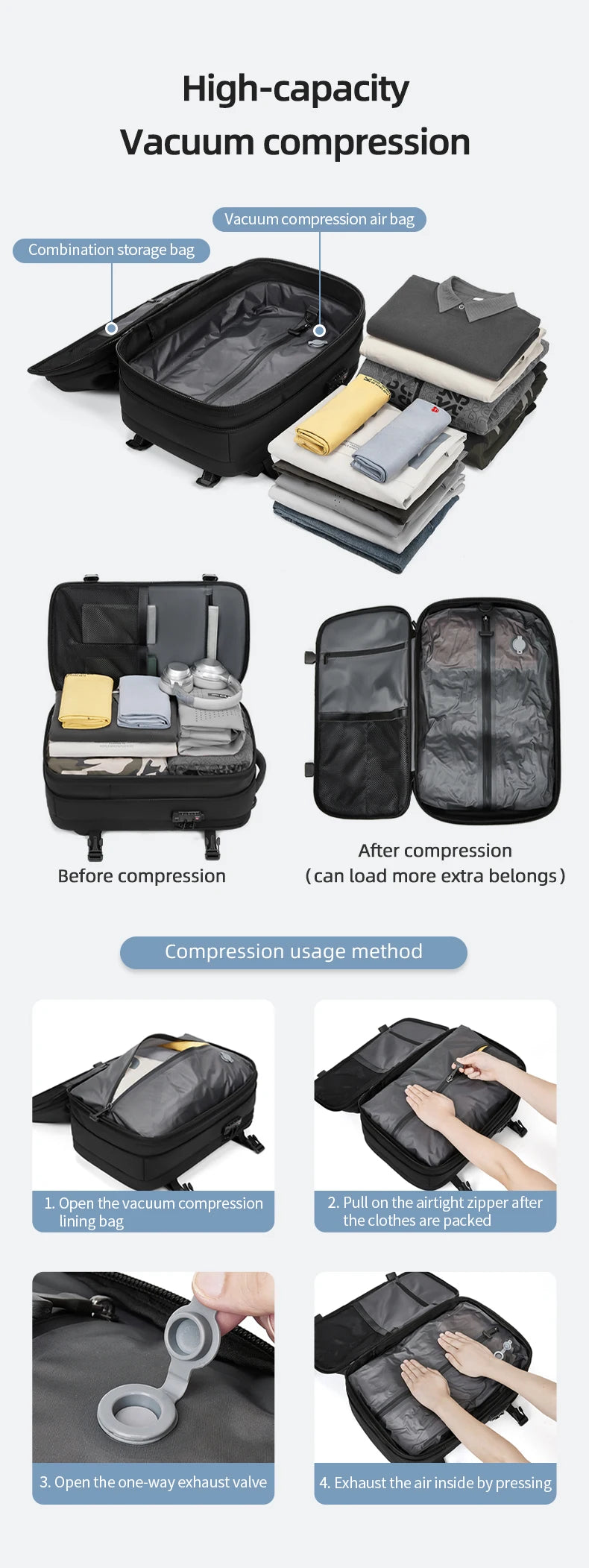 Men Travel Backpack vacuum compression Laptop Backpack 17 inch Extended Large Capacity school Backpack Hiking Business backpack